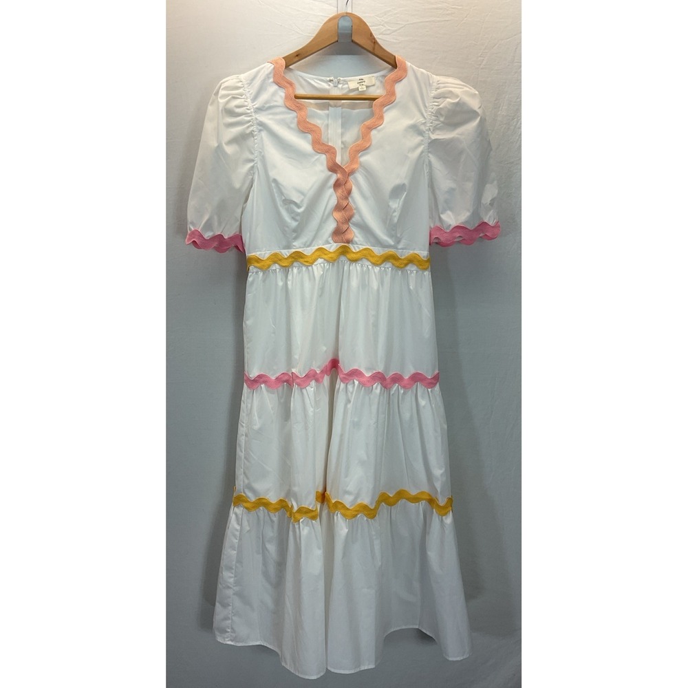 Entro Rainbow Stripe‎ Puff Sleeve Midi Dress Size L Tiered Boho Beach V Neck - Picture 3 of 10
